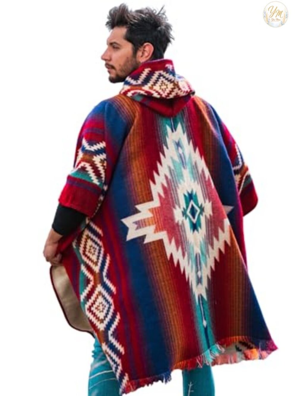 Handmade Alpaca Wool Poncho with Hood for Men - Mexican Cowboy Style, Machine